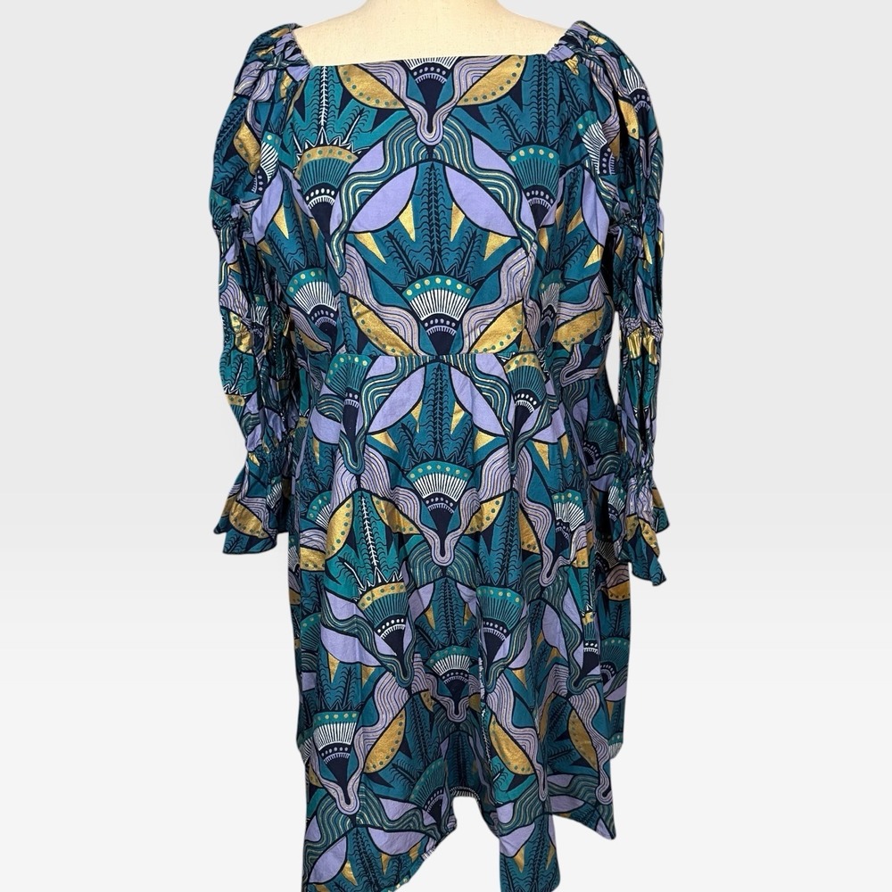 Teal Art Deco Long Bell Sleeve Indian Peacock Cotton Dress  XL Confection Ditend